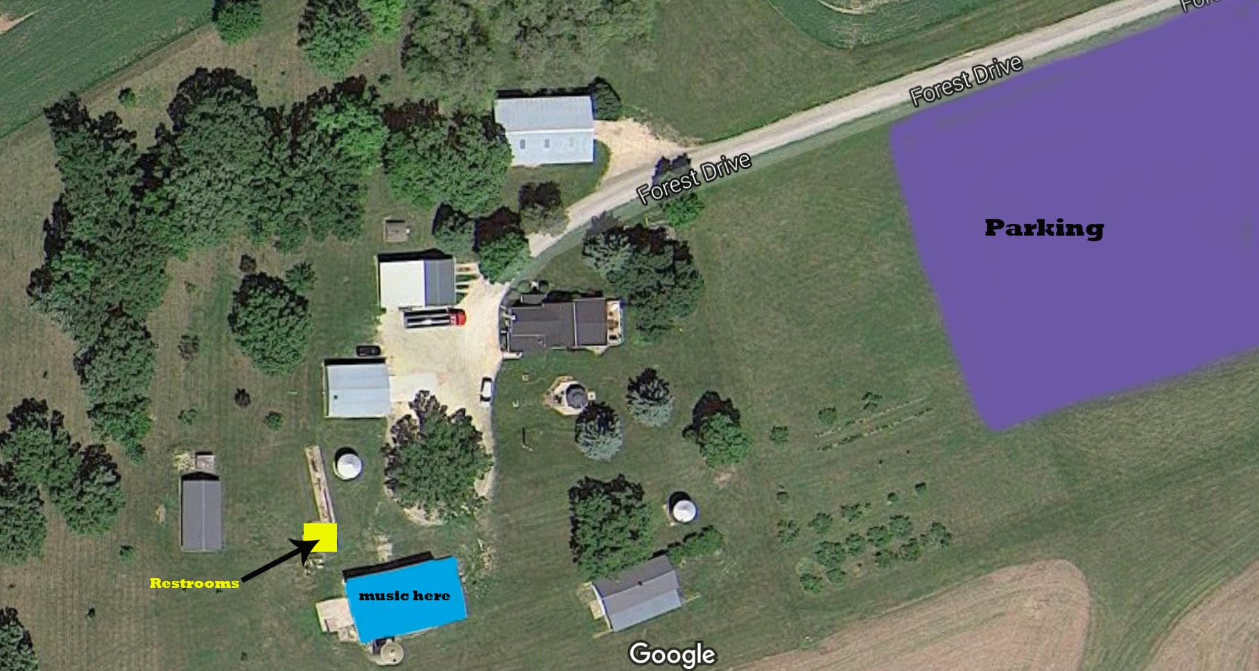 Map of the farm showing the parking area, white farm building, and the barn